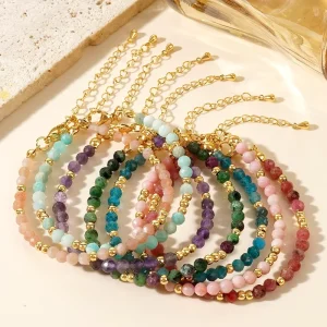 Natural Stone Faceted Beaded Stainless Steel Chain Bracelet