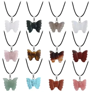 Natural Stone Hand-Engraved Butterfly Crystal Pendant Necklace for Women Gemstone Jewelry