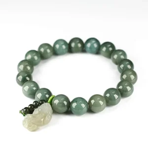Natural Stone Jade Feng Shui Pixiu Charm Bracelet with Emerald Beads