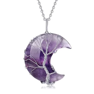 Natural Stone Moon Amethyst Rose Quartz Handmade Wire-Wrapped Tree of Life Pendant Necklace Women