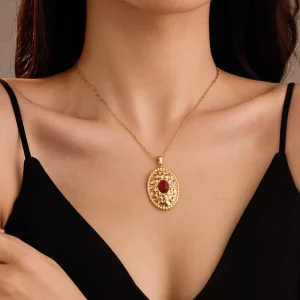 Natural Stone Oval Pendant Necklaces Women Fine Jewelry Texture Stainless Steel Colorful Stone Charm Necklace