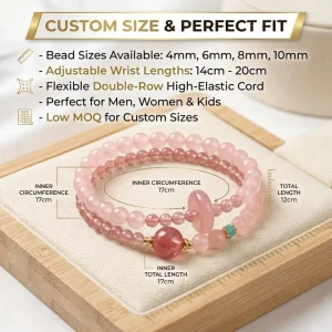 Natural Strawberry Rose Quartz Crystal Butterfly Double-Layer Bracelet with Pink Agate and Lucky Pearl Beads