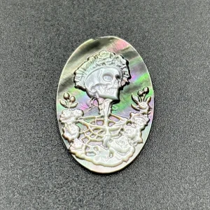 Natural Tahitian Black Mother of Pearl Skull and Roses Cameo Cabochon, Gothic Shell Carving