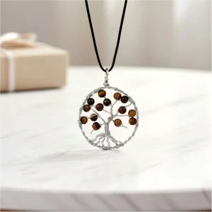 Natural Tree of Life Crystal Pendant Healing Round Beads Copper Wrap Wire Chakra Pendant for Jewelry Making Home Decor