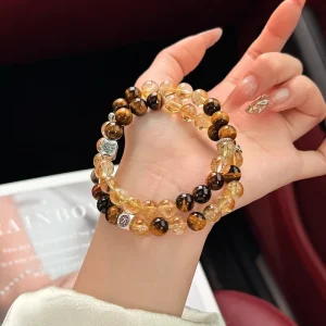 Natural Yellow Tower Quartz and Tiger’s Eye Ball Double-Layer Bracelet, Unisex