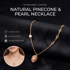 Nature-Inspired Natural Stone Pinecone Necklace with Faux Pearl and 18K Gold-Plated Chain