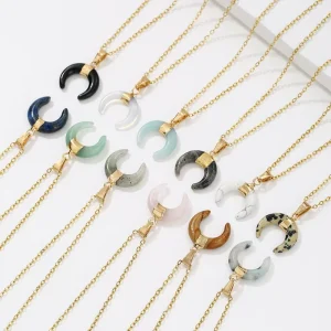 Necklace 18K Gold Plated Stainless Steel Crescent Moon Pendant Handmade Healing Crystal Boho Celestial Geometric Dainty Jewelry