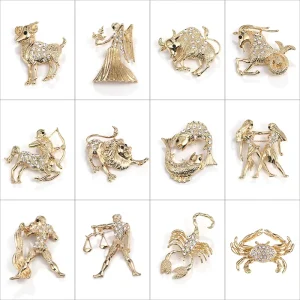 New Arrival Alloy Gold Plated Color Fine Rhinestone Drilled Diamond studded Safety Pin Brooch Twelve 12 Zodiac Signs Brooches