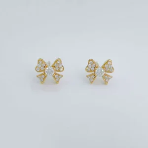 New Graceful Micro Pave Bowknot Lab Grown Diamond Earrings 18K Yellow Gold Ribbon Encrusted Delicate Stud Ear Pendant for Women