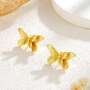 Non Fading Women Gift Fine Stud Earring Double-Layer Gold Butterfly Studs Earrings Korean Stainless Steel Jewelry