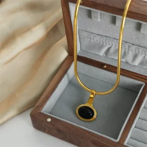 Non-Tarnish Gold-Plated Black Stone Necklace