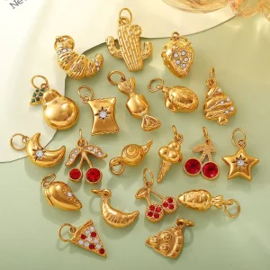 Waterproof Gemstone Fruit Charms Stainless Steel PVD 18K Gold Fruit Rhinestone Crystal Mango Croissant Cherry Charms