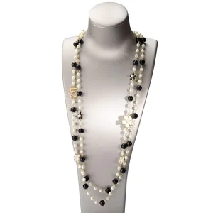 Number 5 Long Pearl Camellia Double-Layer Sweater Chain Necklace for Party Jewelry