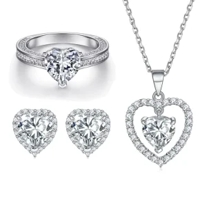 OEM Custom 925 Sterling Silver Ring, Earrings and Necklace Bridal Jewelry Set with Cubic Zirconia Heart-Shaped Design
