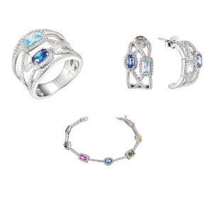 OEM Women’s 925 Sterling Silver Zirconia Ring, Earrings and Bracelet Jewelry Set, Minimalist Design