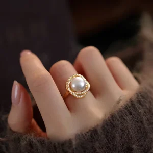 OEM Custom Brass Silver-Plated Adjustable Zirconia Pearl Ring