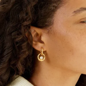 OEM Custom Stainless Steel Hammered Hoop CZ Drop Earrings, 18K Gold Plated Double Circle