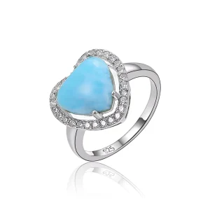 OEM Customized 925 Sterling Silver Fine Jewelry Heart Shape Larimar Stone Jewelry Rings for Wedding and Engagement