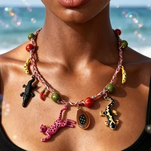 OEM ODM Braided Animal Charm Choker Necklace, Multicolor Leopard Tropical Design for Women