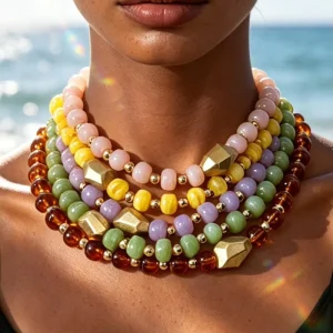 OEM ODM Colorful Candy Stacked Statement Collar Necklace with Matte Geometric Gold Resin Beads