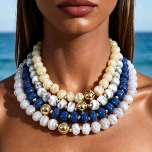 OEM ODM Dyed Resin Round Flat-Beaded Layered Bib Collar Necklace, Boho Tropical Style