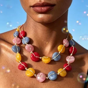 OEM ODM Two-Strand Statement Necklace, Hand-Knotted Multicolor Resin Beads, Boho Style