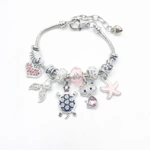 Ocean Cartoon Turtle Cat Starfish Beaded Bracelet Pearl Rhinestone Shell Charm Handmade