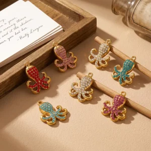 Ocean Series Gold Plated Stainless Steel Octopus Charms Rhinestone Cute Sea Animal Charms Pendant DIY Jewelry Making Findings