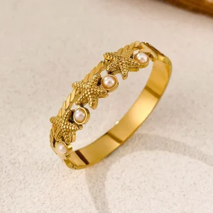 Ocean Style Creative Stainless Steel Fashion Charm for Women’s Bangle with Pearl for Vacation Gift