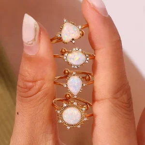 Opal Heart Sunflower Water Drop Adjustable Ring Gold Plated Stainless Steel