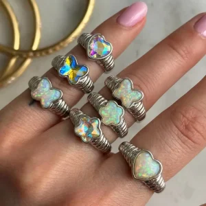 Opal Stone YK2 Silver Colorful Flower Heart Butterfly Gemstone Zircon Ring