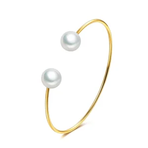 Open Adjustable Brass Cuff Bangle Bracelet with Geometric Pearl Design for Women
