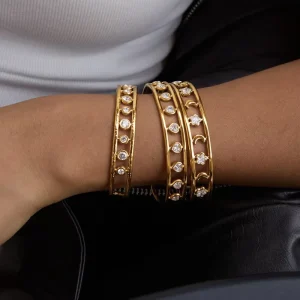 Open Cuff Bangle with Star Moon Heart Round Zircon Hollow Wide Design for Women