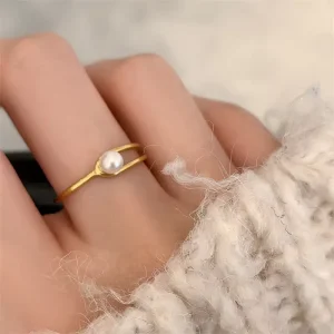 Openwork Geometric Pearl Ring for Women, Waterproof Stainless Steel, Wedding