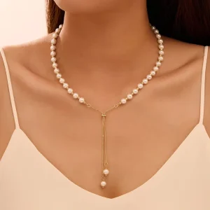 PSN14 Shell Pearl Beaded Lariat Necklace, 925 Sterling Silver