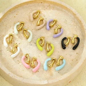 PVD 18K Gold Plated Stainless Steel Drop Punk Enamel Clip-On Earrings