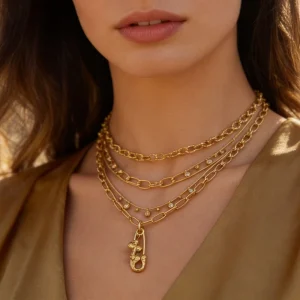 Paperclip Stainless Steel Necklace with Natural Stone, Gold-Plated PVD Clavicle Chain