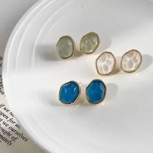 Pave Stud Earrings, White Blue and Green Shiny Jelly