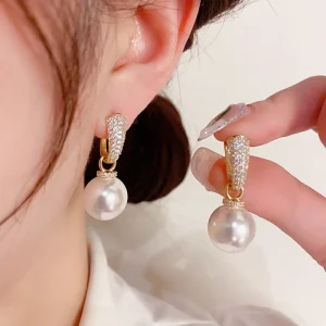 Paved CZ Pearl Huggie Earrings 18K Gold Plated Copper Large Pearl Drop Earrings