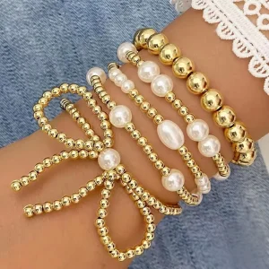 Pearl Bowknot Bead Multi Layer Bracelet Personalized Punk Style Bead Bangle for Women Fashion Jewelry