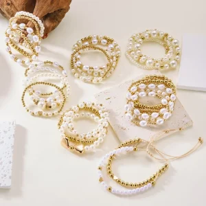 Pearl Bracelet Set with Rice Bead Stringing, Hand-Woven, for Women
