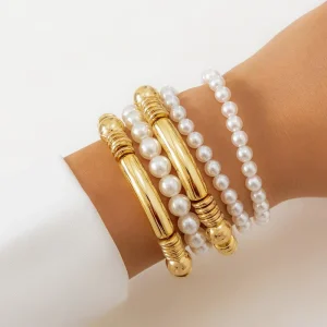 Pearl Chain Bracelet for Women, Bamboo Elastic Strand Beads