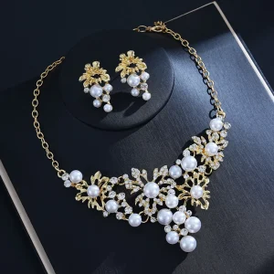 Pearl Crystal Alloy Statement Necklace and Earrings Jewelry Set for Wedding Bridal Party