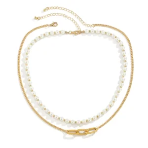 Pearl Double-Layer Necklace with Big O Link Chain for Men