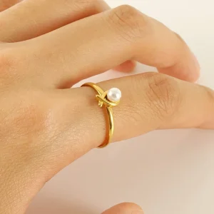 Pearl Ring 18K Gold Plated Stainless Steel Adjustable Open Ring for Women
