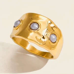 Pearl Ring 18K Gold-Plated Stainless Steel Irregular Wide Wave Inlaid Glass Pearl Ring