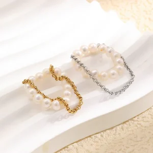 Pearl Zircon Ring, Stainless Steel, 18K Gold Plated, Fringed Elastic Rope