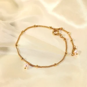 Pearl and Gold Beaded Stainless Steel Link Chain Bracelet, 18K Gold Plated