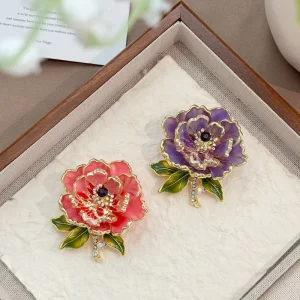 Peony Flower Brooch Pin, Rose Gold Plated Crystal Rhinestone, Chinese Style
