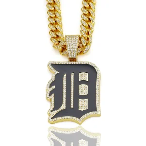Personalized Detroit Blue Letter Pendant Necklace Full-Diamond Hip-Hop Style Gold Plated Alloy for Men and Women